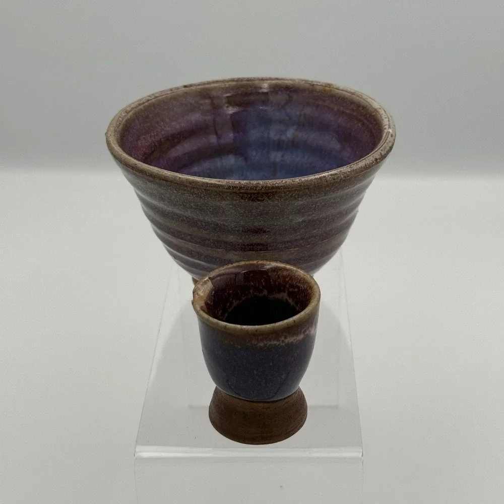 Handmade Studio Pottery Bowl Cup Set Purple Blue Drip Glaze Ceramic Wabi Sabi